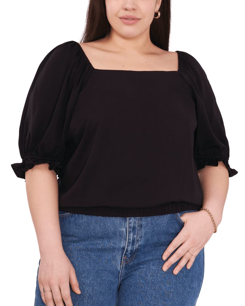 Front of a model wearing a size 0X Tayler Square Neck Top in RICH BLACK-060 by 1.State. | dia_product_style_image_id:262083